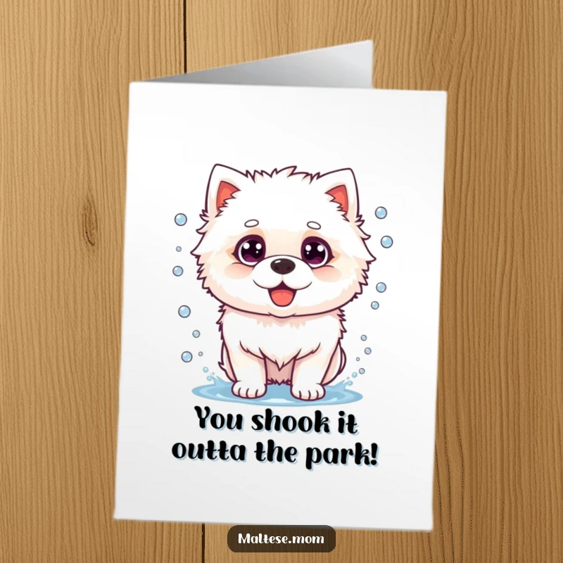 Funny Free Printable Congrats Card: A fluffy white dog mid-shake sending water flying, celebrating success with a wet mess.