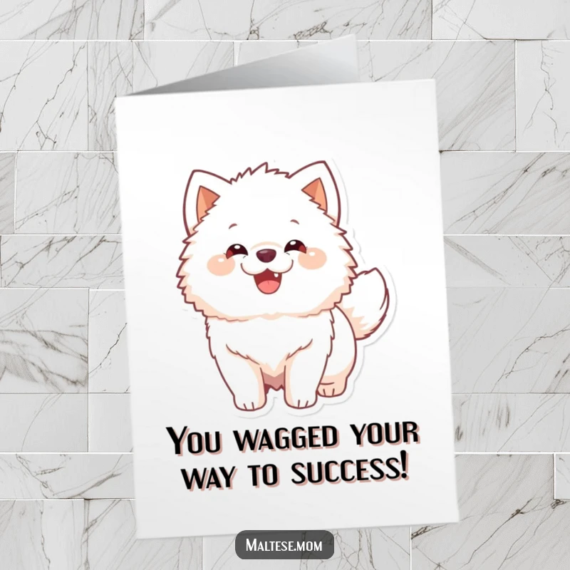Funny Free Printable Congratulations Card: A fluffy white dog with a happy expression, tail wagging with joy for your success.