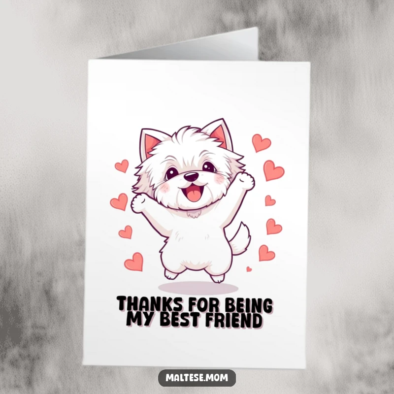 Funny Free Printable Thank You Card showing a Kawaii Maltese dog jumping with delight amidst tiny hearts.