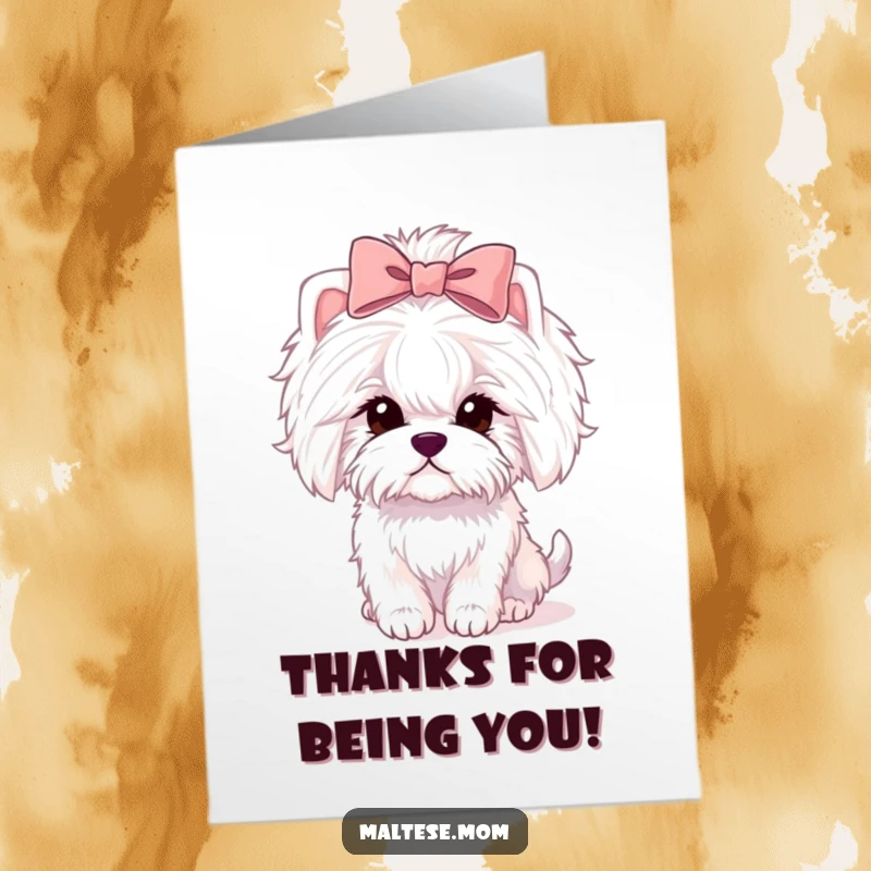 Funny Free Printable Thank You Card: A fluffy Maltese dog with a cute bow expresses gratitude with sweet charm.