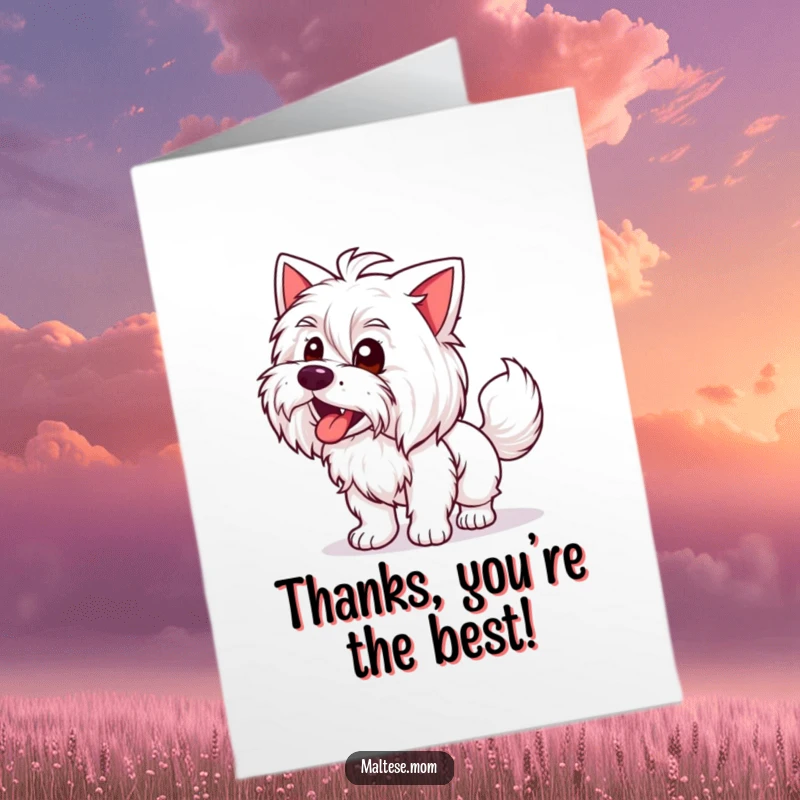 Funny Free Printable thank you card of a happy Maltese lady animal vigorously wagging her tail, a charming downloadable.