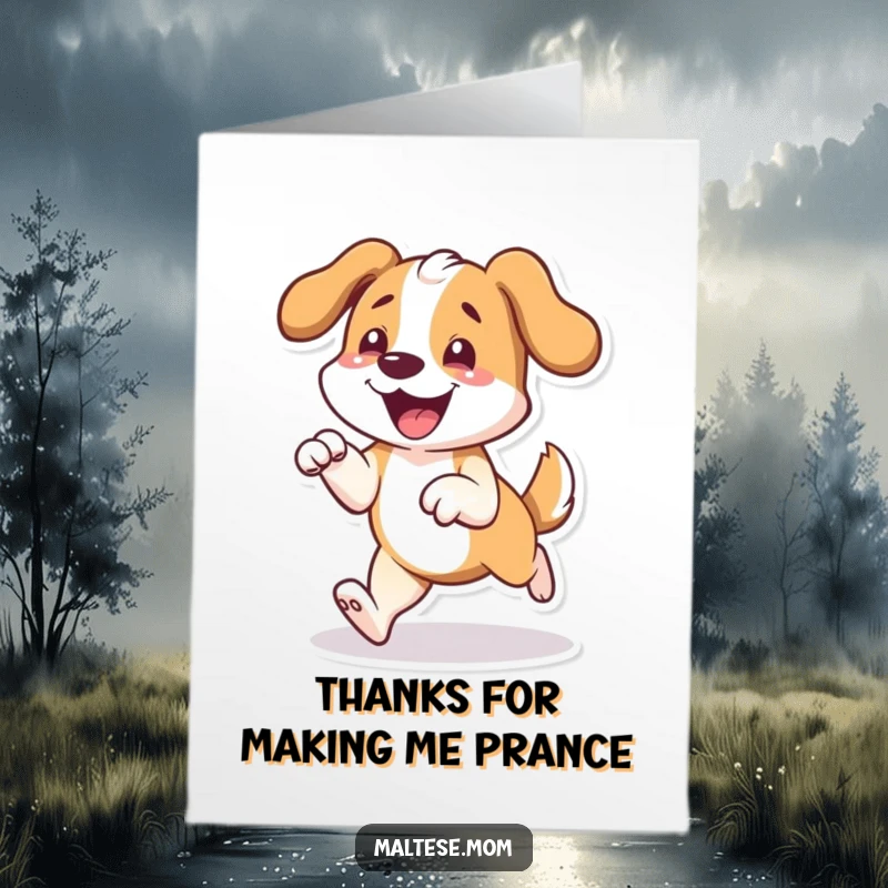 Funny Free Printable Thank You Card: A dog character prancing with joy, front paws lifted, expressing thanks.