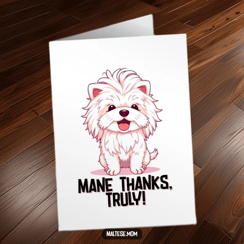 Funny free printable thank you card: A fluffy Maltese dog with a fabulous mane, shaking its head joyfully to express thanks.