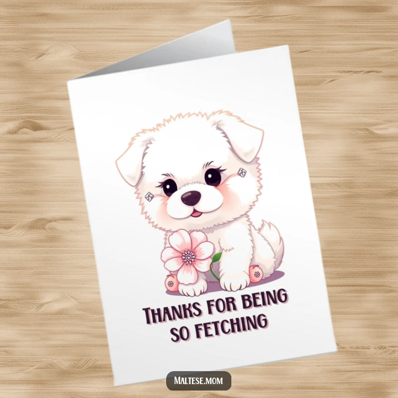 Funny free printable thank you card: a small fluffy white dog with diamond earrings poses delicately with a beautiful flower.