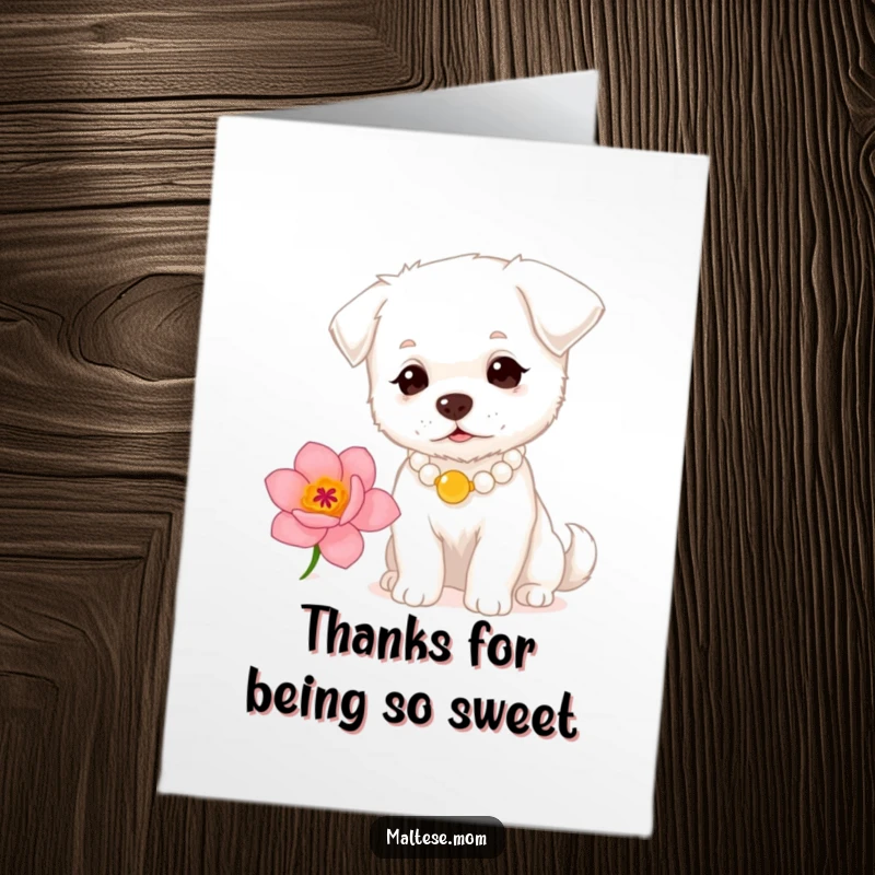 Funny free printable thank you card: a small white dog with a pearl necklace gently sniffs a delicate, fragrant bloom.