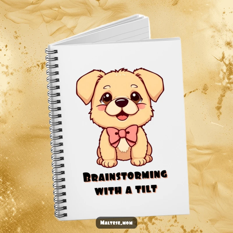 Funny Notebook with a small dog wearing a bow, tilting its head curiously, perfect for jotting down playful thoughts.