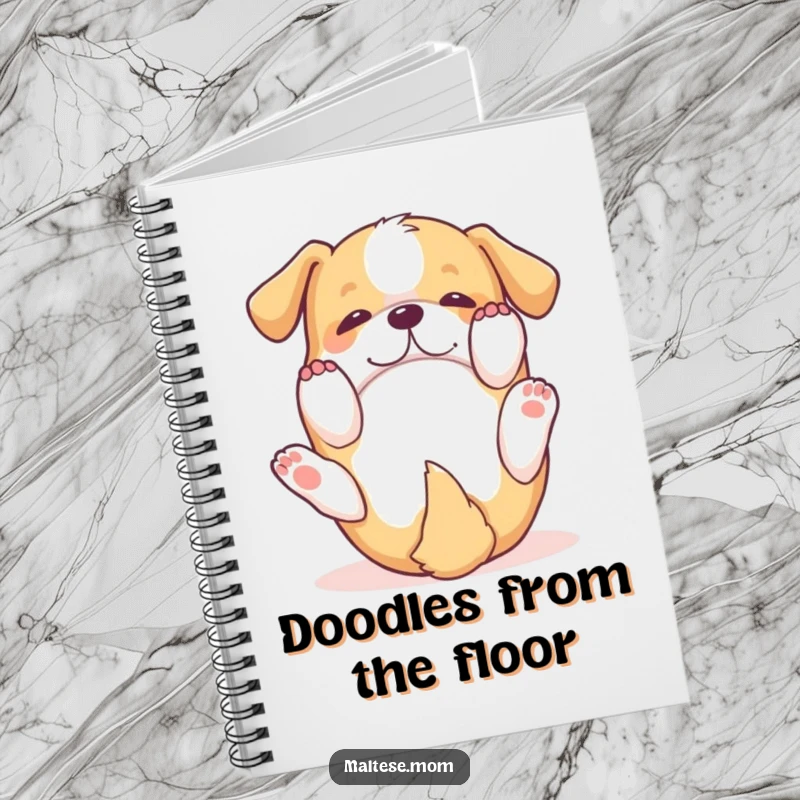 Funny Notebook: A small dog rolls on its back with paws in the air, symbolizing playfulness and carefree imagination.