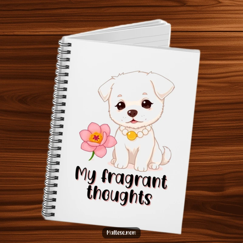Funny small white dog with a pearl necklace sniffing a flower on a notebook. Elegant stationery, ideal funny gift.