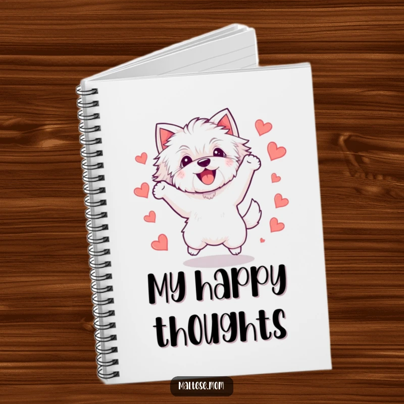 Funny Kawaii Maltese dog notebook, featuring a cute white dog jumping with delight amid tiny hearts, perfect for jotting down happy thoughts.