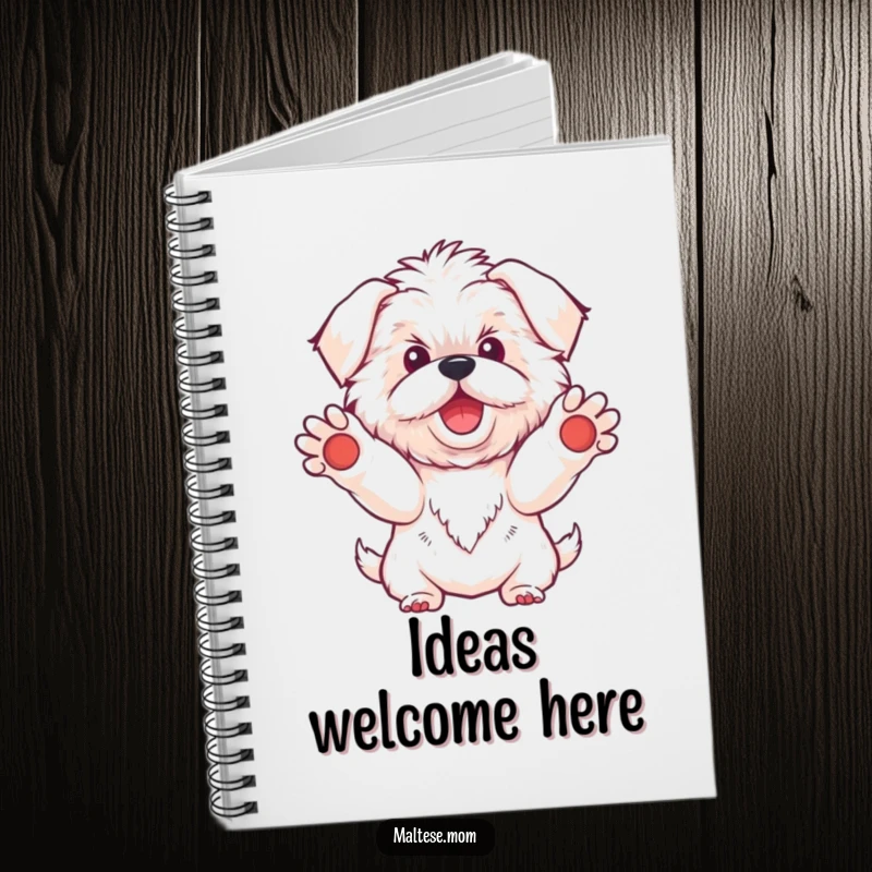 Funny Kawaii Maltese dog notebook, featuring a cute white dog with paws outstretched in a welcoming pose, ideal for jotting down friendly ideas.