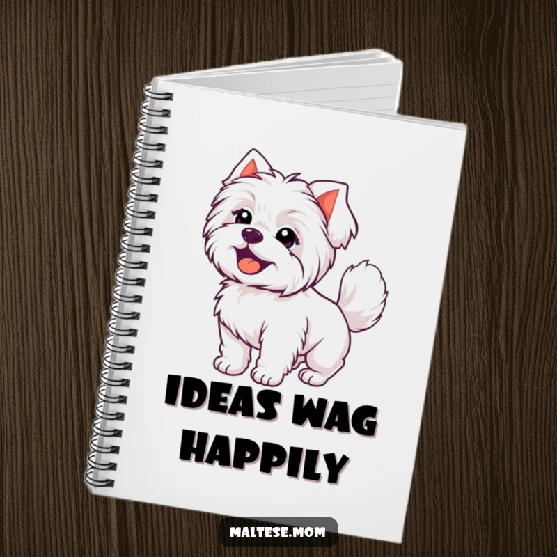 Funny Kawaii Maltese dog with a joyful expression and wagging tail, a humorous notebook for happy thoughts.