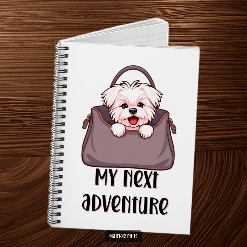 Funny Maltese dog notebook with a cute character peeking from a stylish handbag, perfect for stylish note-taking and creative journaling.