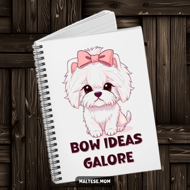 Funny Maltese lady dog notebook with a pink bow, writing on pages, organized and stylish.
