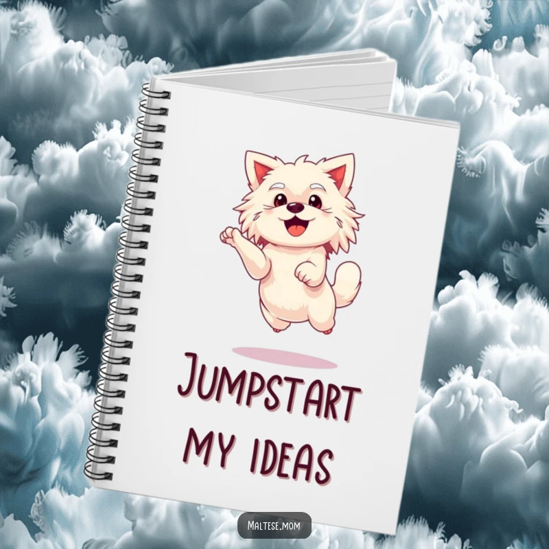 Funny Maltese lady dog notebook, doing an enthusiastic leap, ideal for notes and plans.