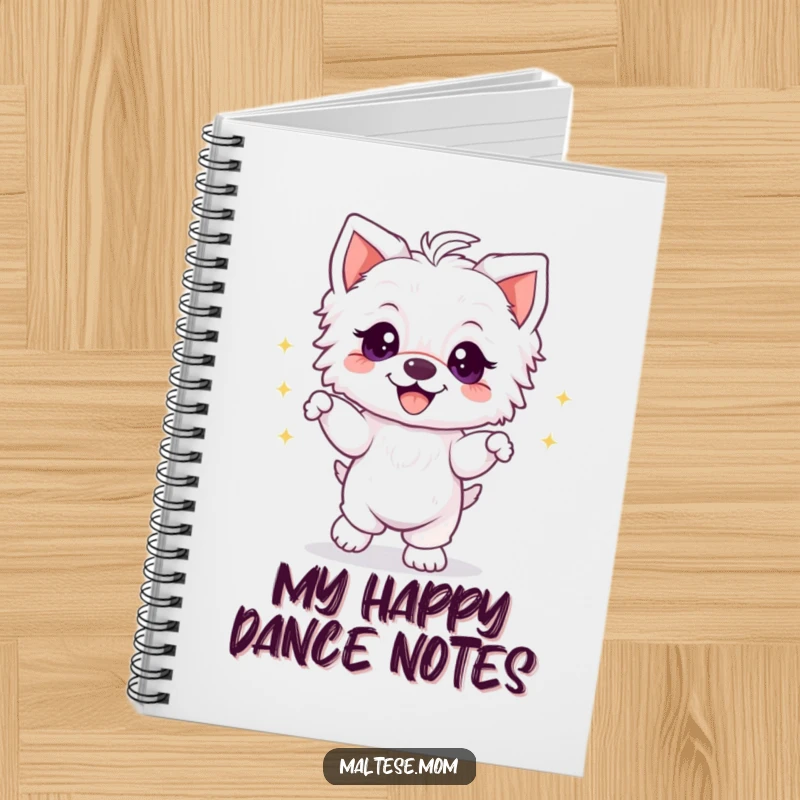 Funny Maltese puppy dancing with sparkly eyes and a grin, on a notebook cover for joyful and humorous note-taking.