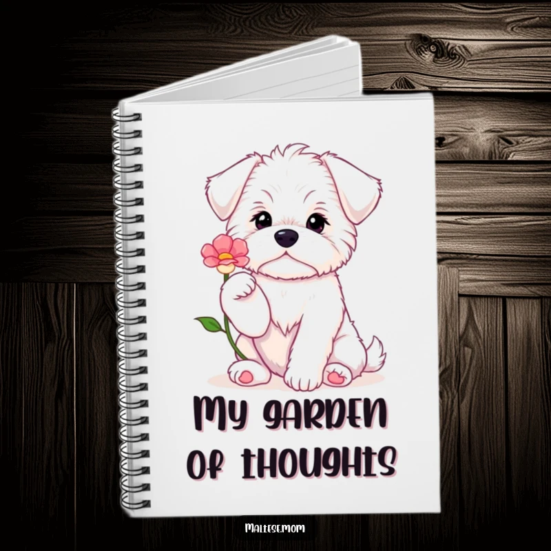 Funny Maltese puppy sitting with paws up, offering a flower, on a notebook cover for sweet and humorous note-taking.