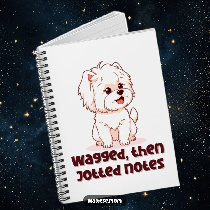 Funny notebook with a Maltese dog character's fluffy tail wagging enthusiastically, perfect for jotting down ideas.