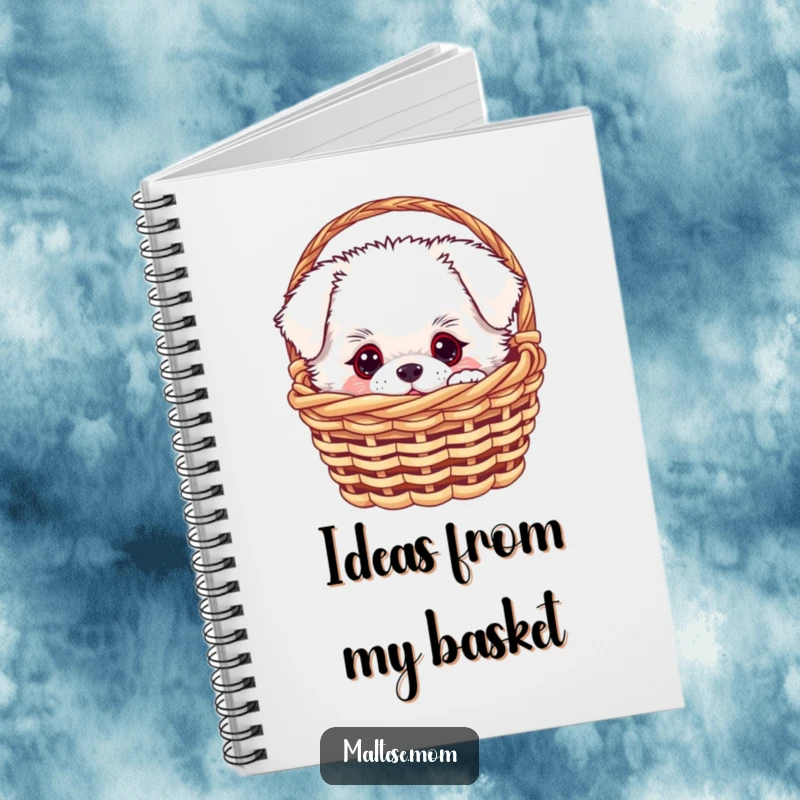 Funny white fluffy dog peeking from a miniature basket on a lined notebook, perfect for jotting notes, a funny gift.