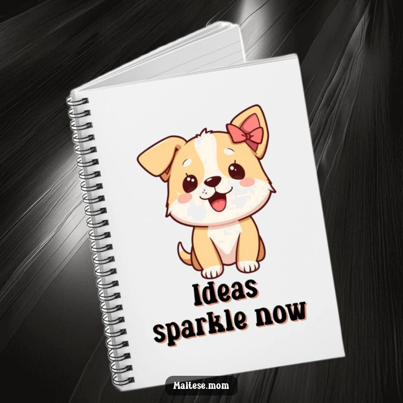 Funny notebook featuring an excited dog character with a small bow on its ear, ideal for writing and brainstorming.