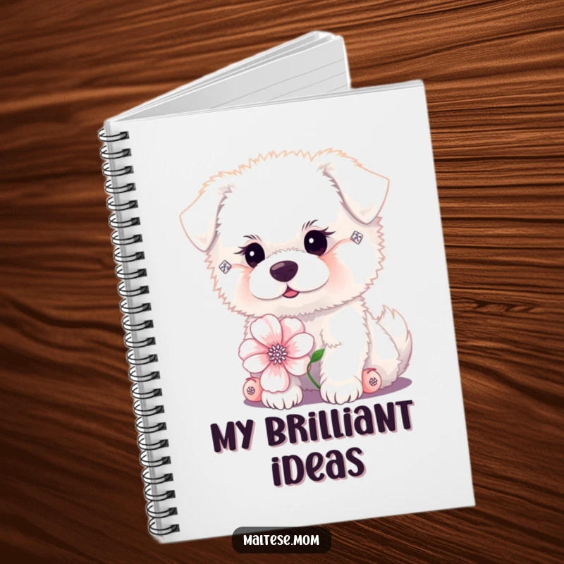 Funny tiny fluffy white dog with diamond earrings posing with a flower on a notebook. Glamorous stationery, ideal funny gift.