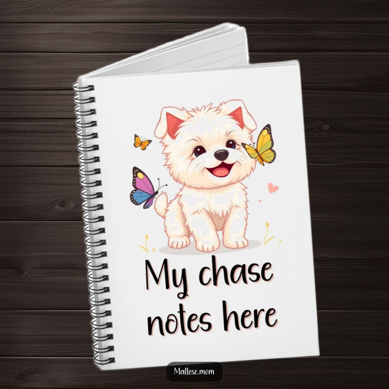 Funny notebook cover with a smiling Maltese puppy chasing a butterfly, designed for notes, doodles, and happy thoughts.