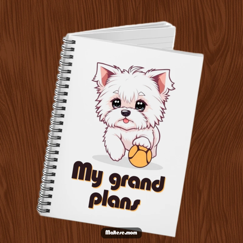 Funny Notebook with a cute Maltese dog character with bright eyes, playfully chasing a ball, ideal for notes and planning.