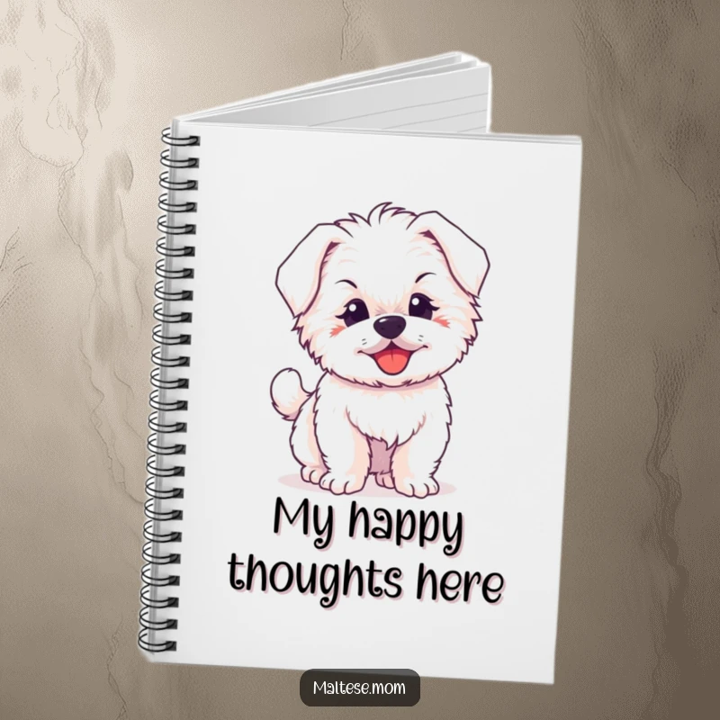 Funny notebook cover with a fluffy Maltese puppy joyfully wagging its tail, designed for notes and happy thoughts.