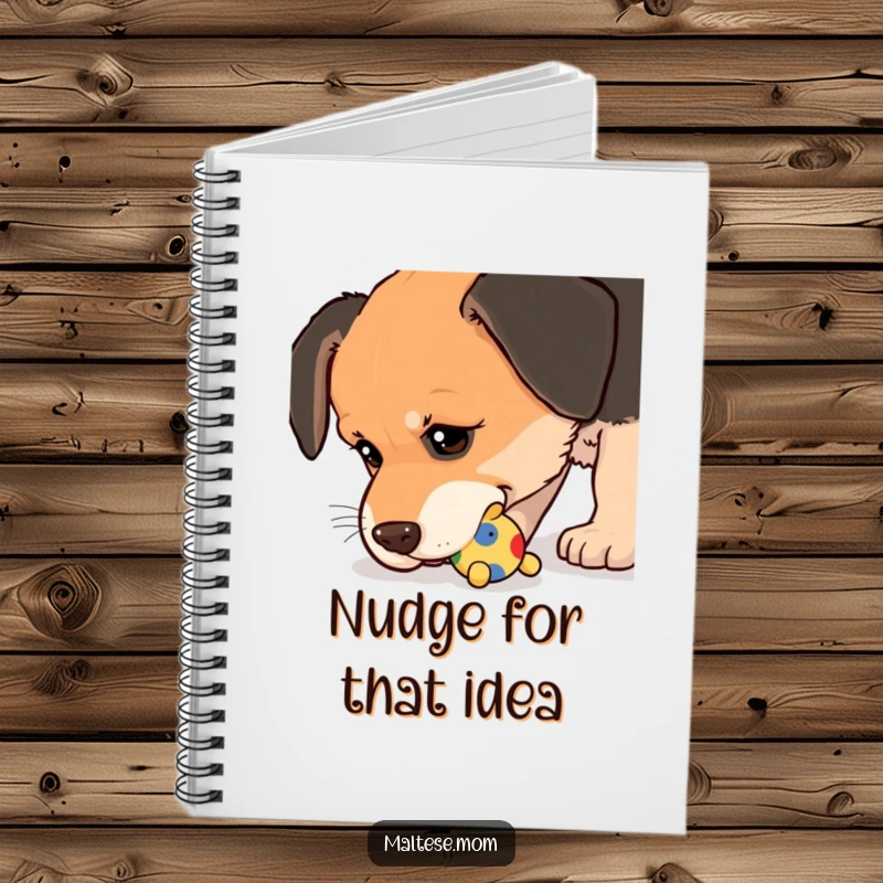 Funny Notebook with a dog nudging a small, colorful toy with its wet nose, perfect for jotting down playful thoughts.