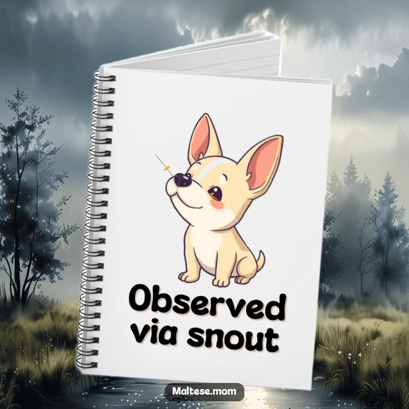 Funny Notebook: A dog intensely sniffs the air with perked ears, symbolizing curiosity and the gathering of information.