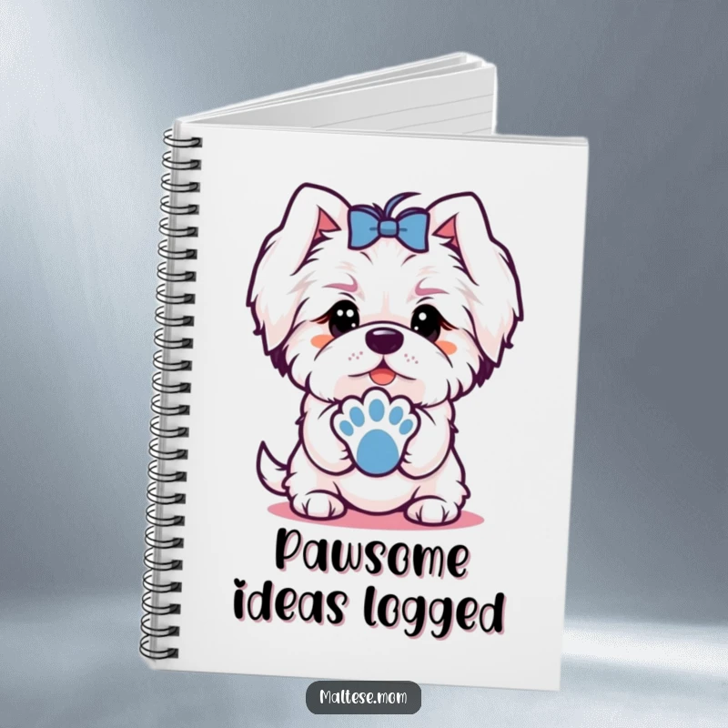 Funny notebook with a Maltese dog character offering a paw with a charming look, perfect for friendly note-taking.