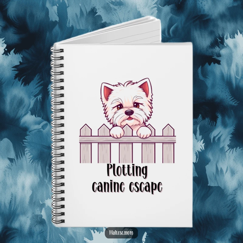Funny Kawaii Maltese notebook illustrating an eager puppy peeking over a fence, ready for creative thoughts and cute anticipation.
