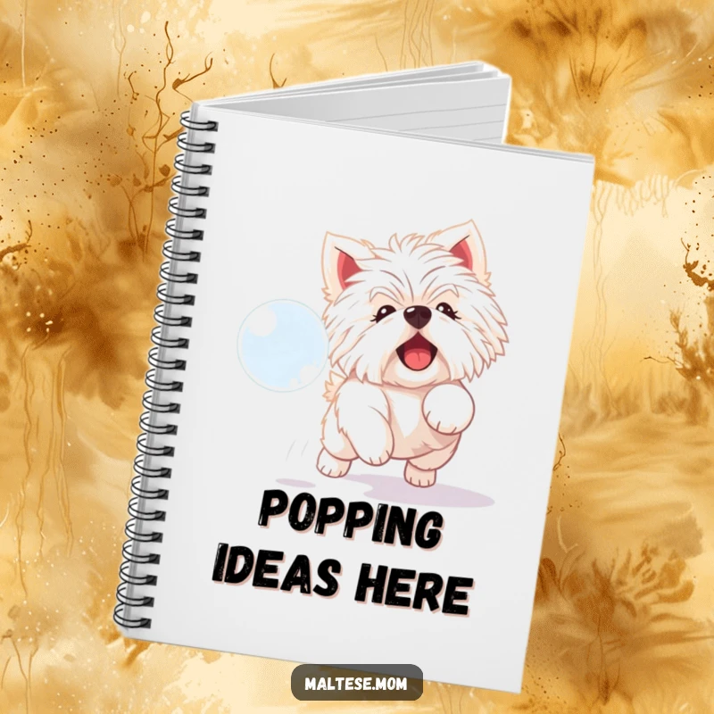 Funny Maltese dog notebook with a playful white dog delightedly chasing a shimmering bubble.