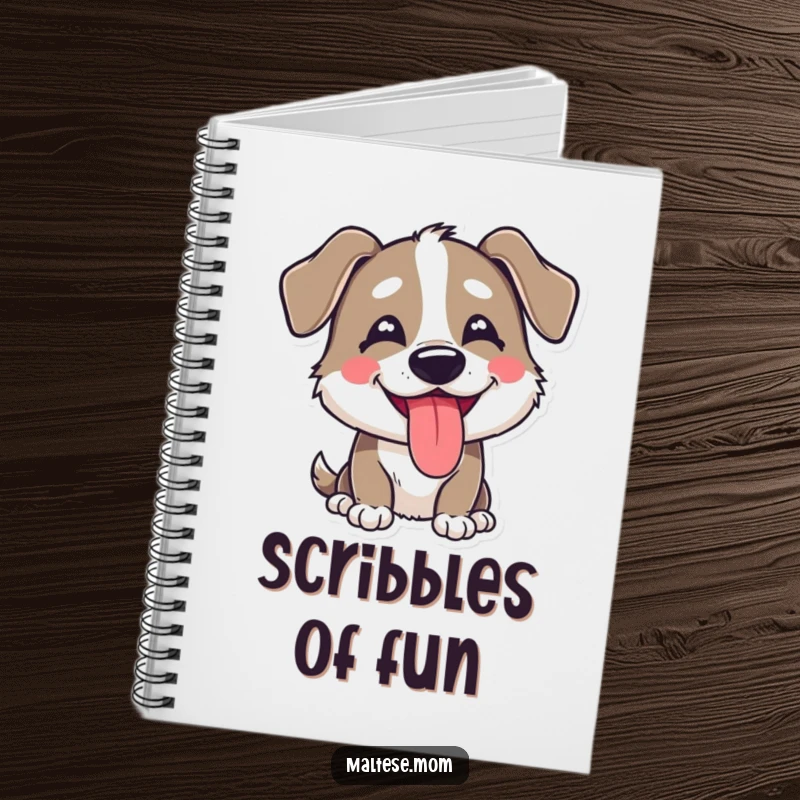Funny notebook with a dog character sporting a happy, goofy expression and its tongue peeking out, for all your notes.