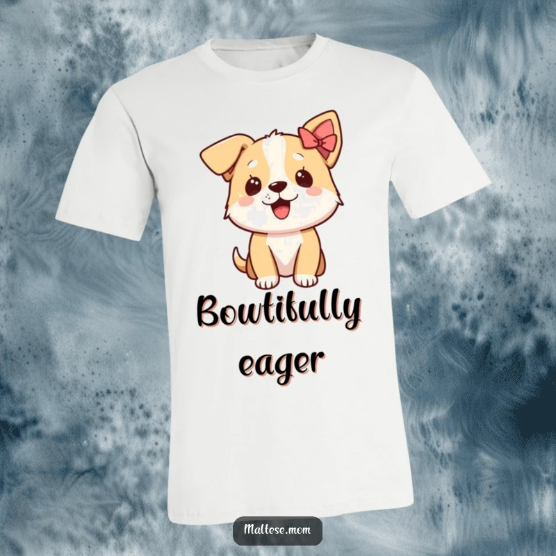 Funny t-shirt highlighting an excited dog character with a cute bow on its ear, radiating infectious enthusiasm and joy.
