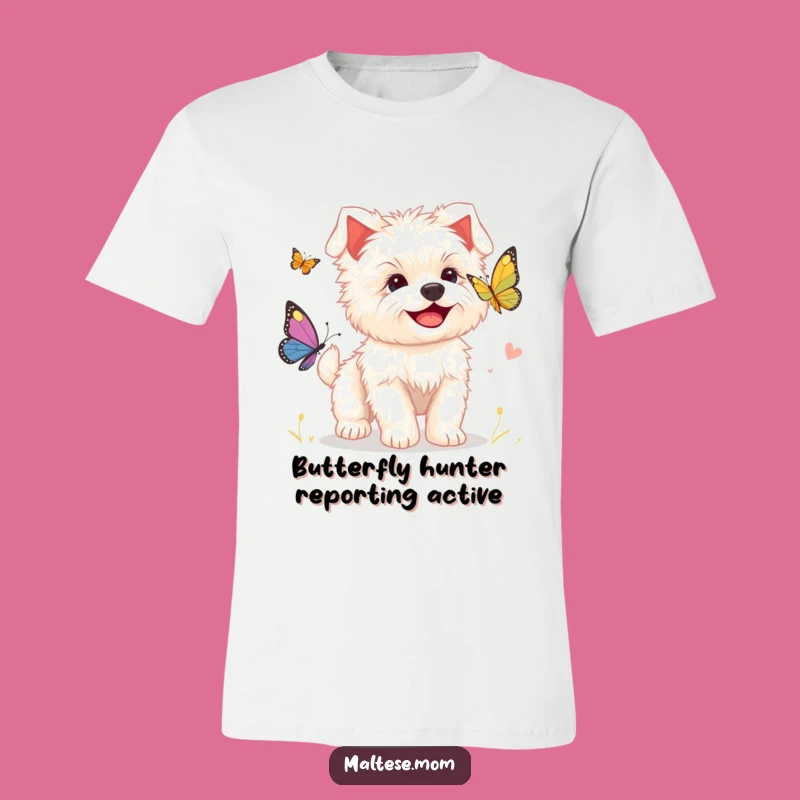Funny Maltese Puppy Butterfly T-Shirt, Cute Puppy Chase Tee