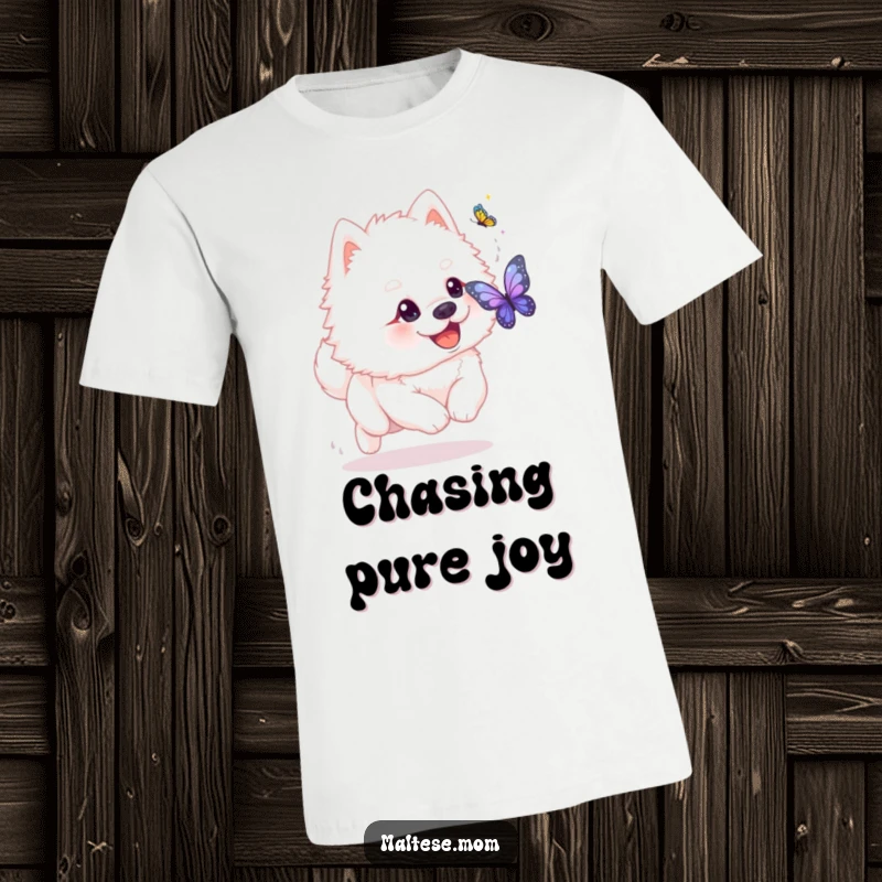 Funny fluffy white dog with playful glint chasing shimmering butterfly on t-shirt. Playful outdoor apparel, ideal funny gift.