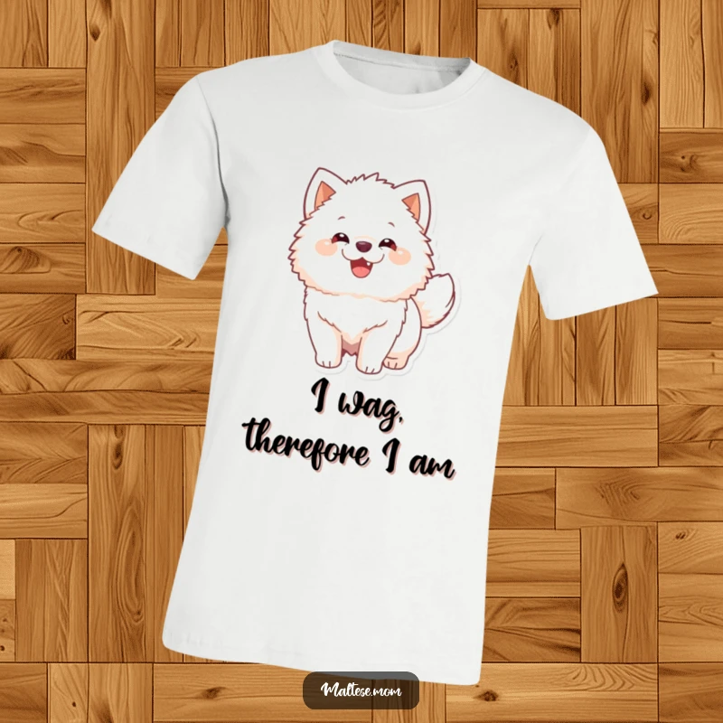 Funny T-Shirt with a fluffy white dog joyfully wagging its tail, a hilarious expression of canine excitement.