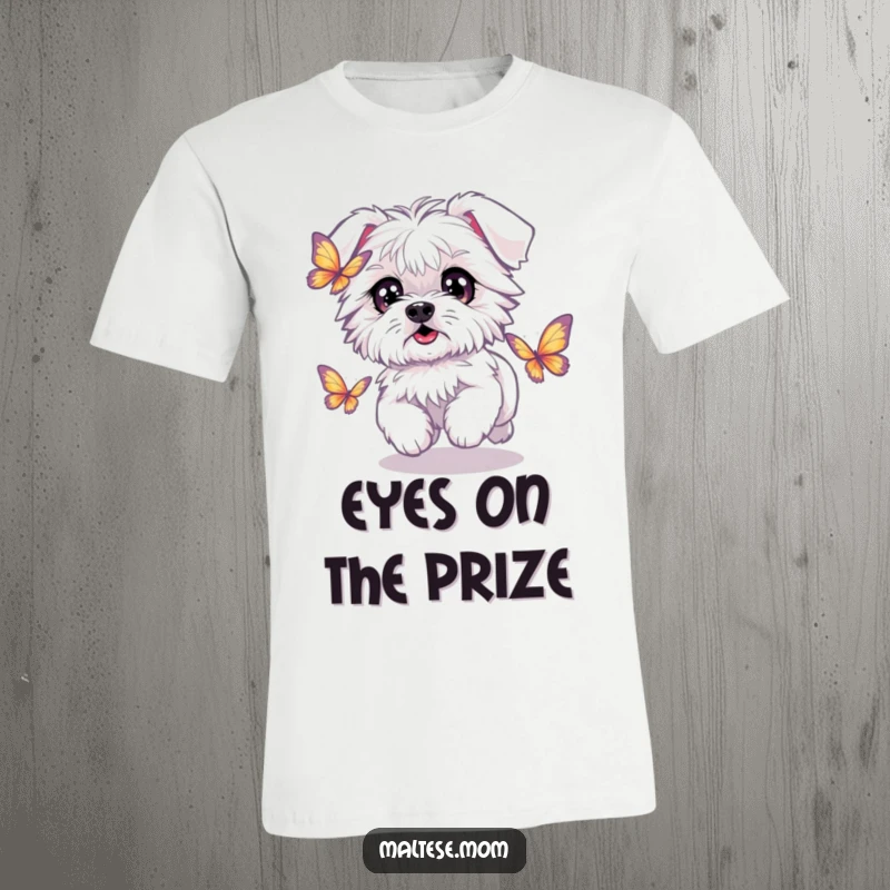 Funny Kawaii Maltese dog with wide, sparkling eyes, chasing a shimmering butterfly, a scene of playful wonder.