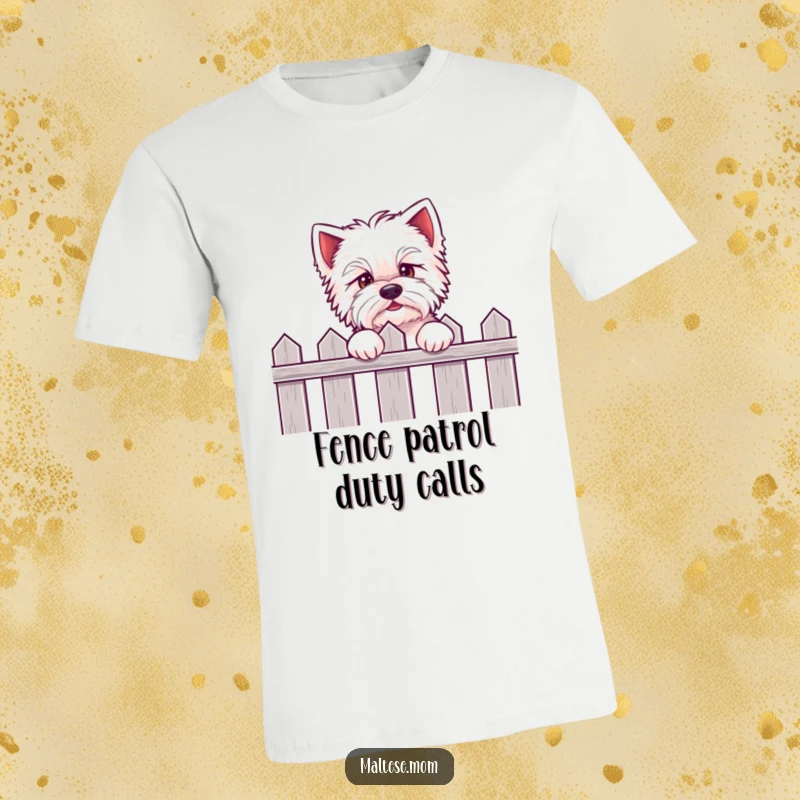 Funny Kawaii Maltese t-shirt featuring an eager puppy peeking over a fence, brimming with cute anticipation and playful spirit.