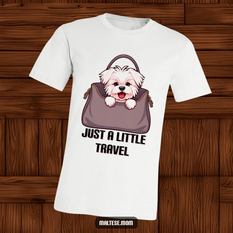 Funny Maltese dog t-shirt with a cute character peeking enthusiastically from a stylish handbag, highlighting a blend of fashion and canine charm.