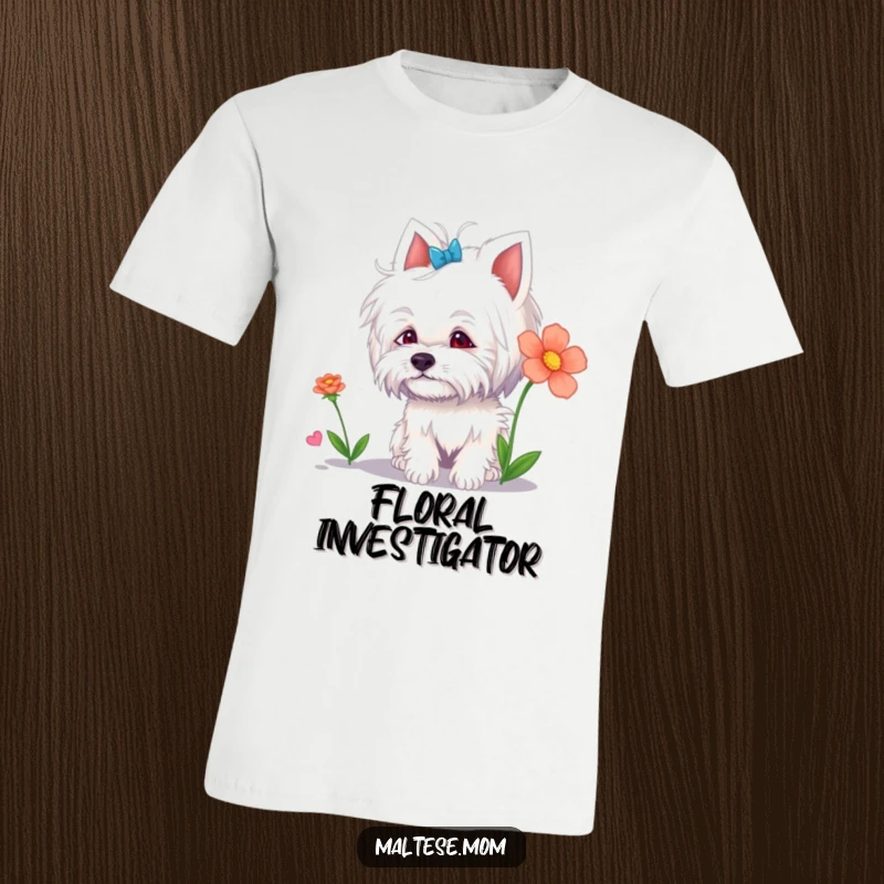 Funny Maltese Lady T-Shirt: A cute Maltese dog character curiously sniffing a colorful flower, perfect for a funny gift.