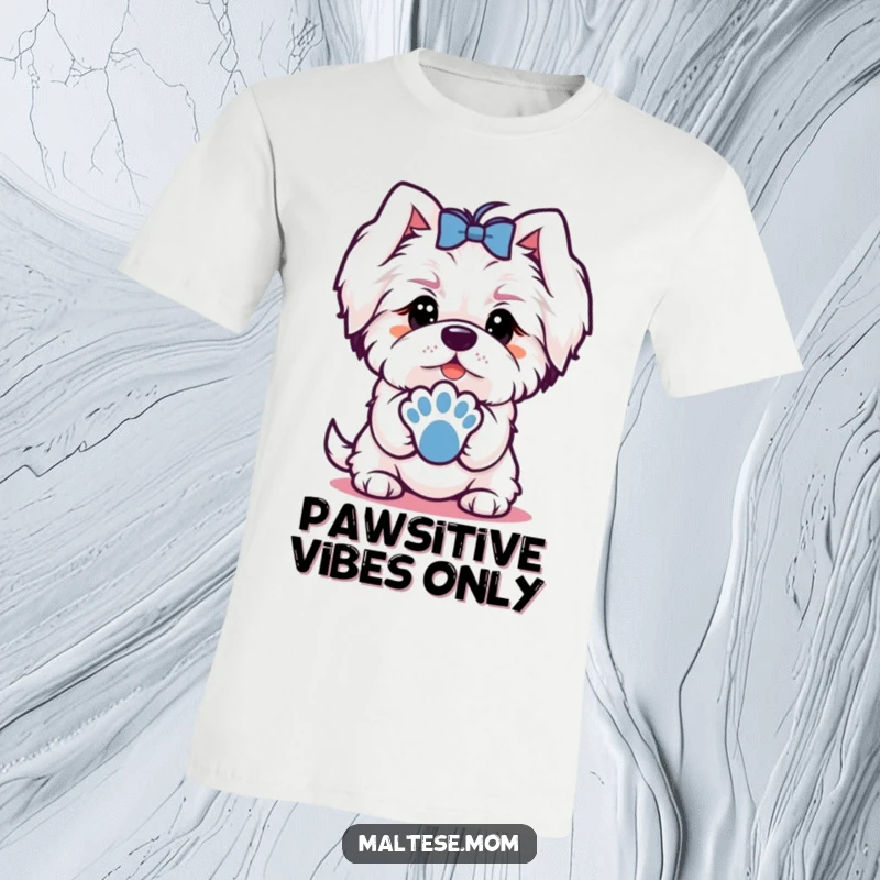 Funny t-shirt featuring a Maltese dog character offering a paw with a charming, inviting look, perfect for friendship themes.