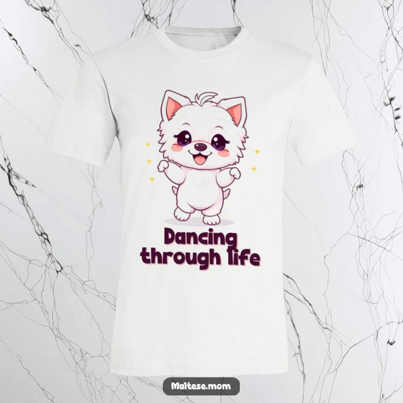 Funny Maltese puppy caught mid-dance with sparkly eyes and a wide grin, looking utterly delighted on a fun t-shirt.