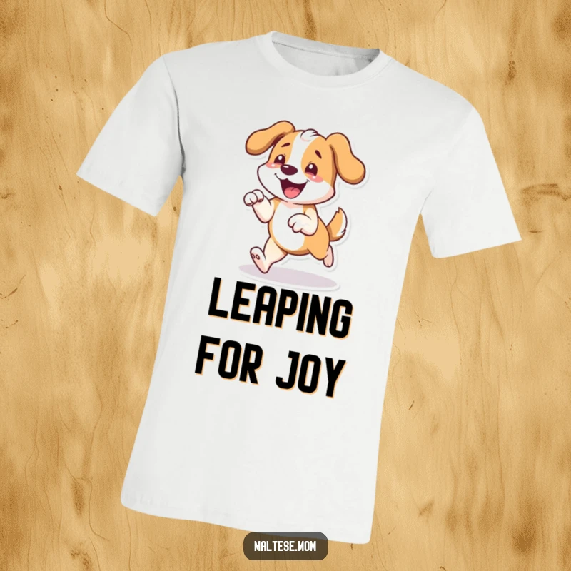 Funny t-shirt featuring a dog character joyfully prancing with front paws slightly lifted, embodying pure, uninhibited delight.