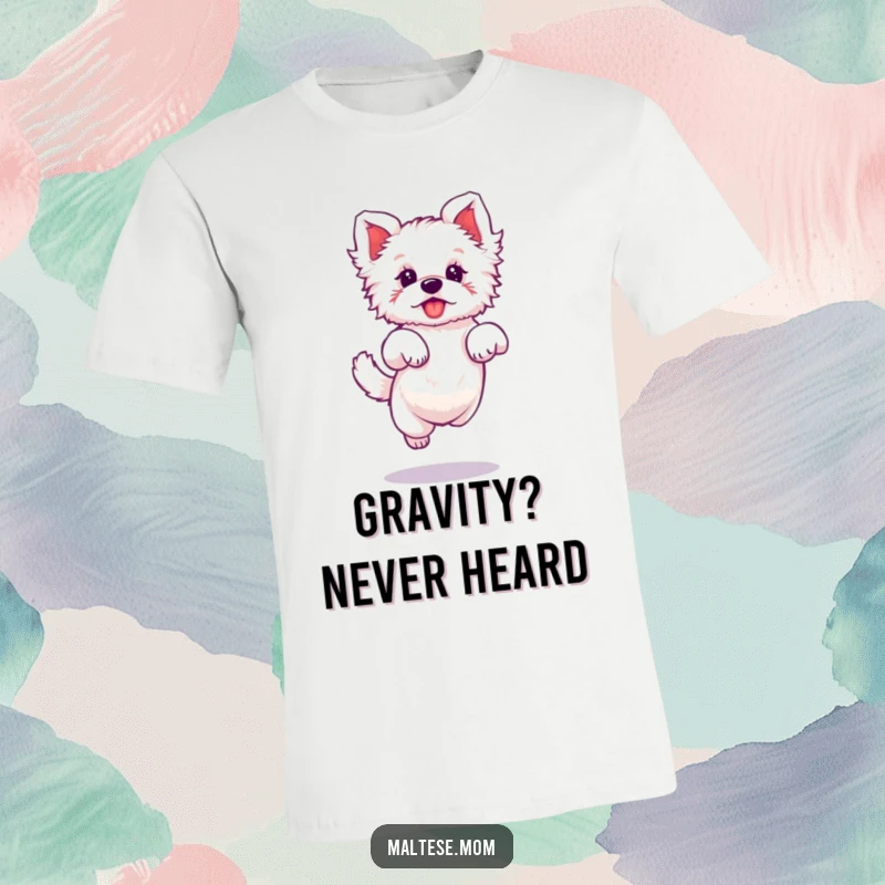 Funny t-shirt featuring a Maltese dog character doing a tiny, elegant jump, showcasing grace and playfulness.