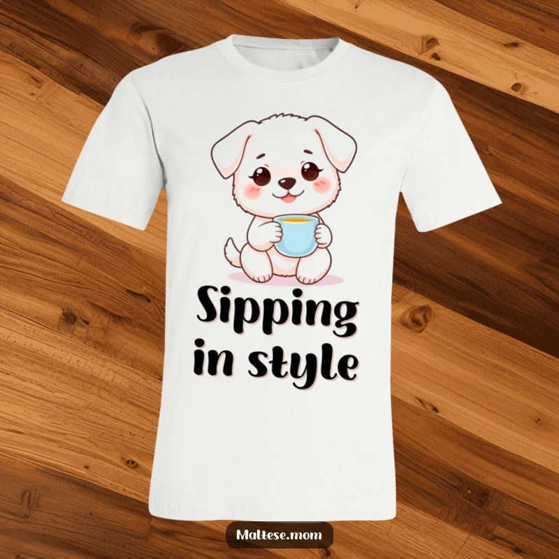 Funny small white dog with sweet smile holding tiny teacup on t-shirt. Charming canine apparel, ideal funny gift.