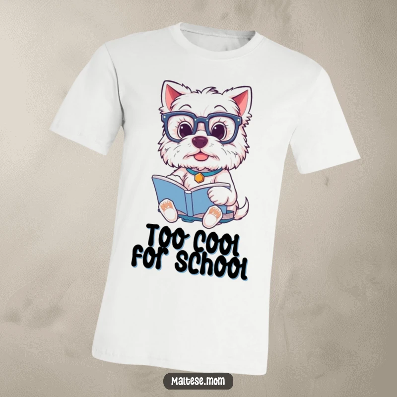 Funny Maltese Dog T-Shirt: A scholarly Maltese dog wearing oversized glasses, intently reading a book, offering a humorous, intellectual vibe.