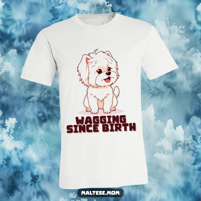 Funny t-shirt featuring a Maltese dog character with a fluffy tail wagging enthusiastically, perfect for expressing joy.
