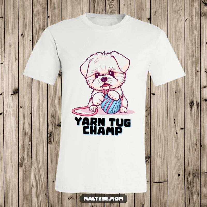 Funny Maltese puppy t-shirt: a cute dog hilariously entangled in a ball of yarn, capturing playful energy and dog owner humor.
