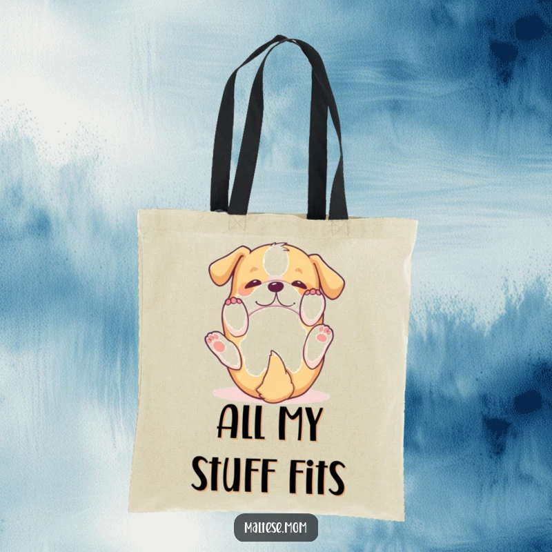 Funny Tote Bag: A small dog rolls on its back with paws in the air, showcasing ultimate happiness and playful fun.